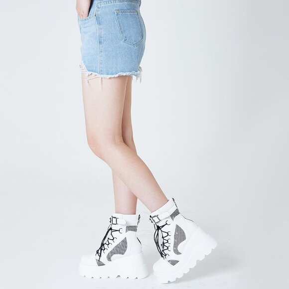 ⚡Women1-white Synthetic Chunky High Heel Combat Lace Up Motorcycle Wedges Boots - Picture 8 of 8